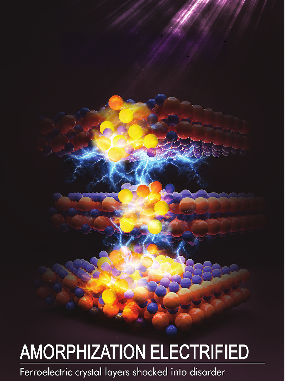 An artist’s impression of electrically driven amorphization in In2Se3, a layered semiconducting ferroelectric material. The middle layer is slipped by the  carrier-wind force and the lightning bolts indicate electrical spikes from piezoelectricity induced mechanical shocks, which amorphize the material.