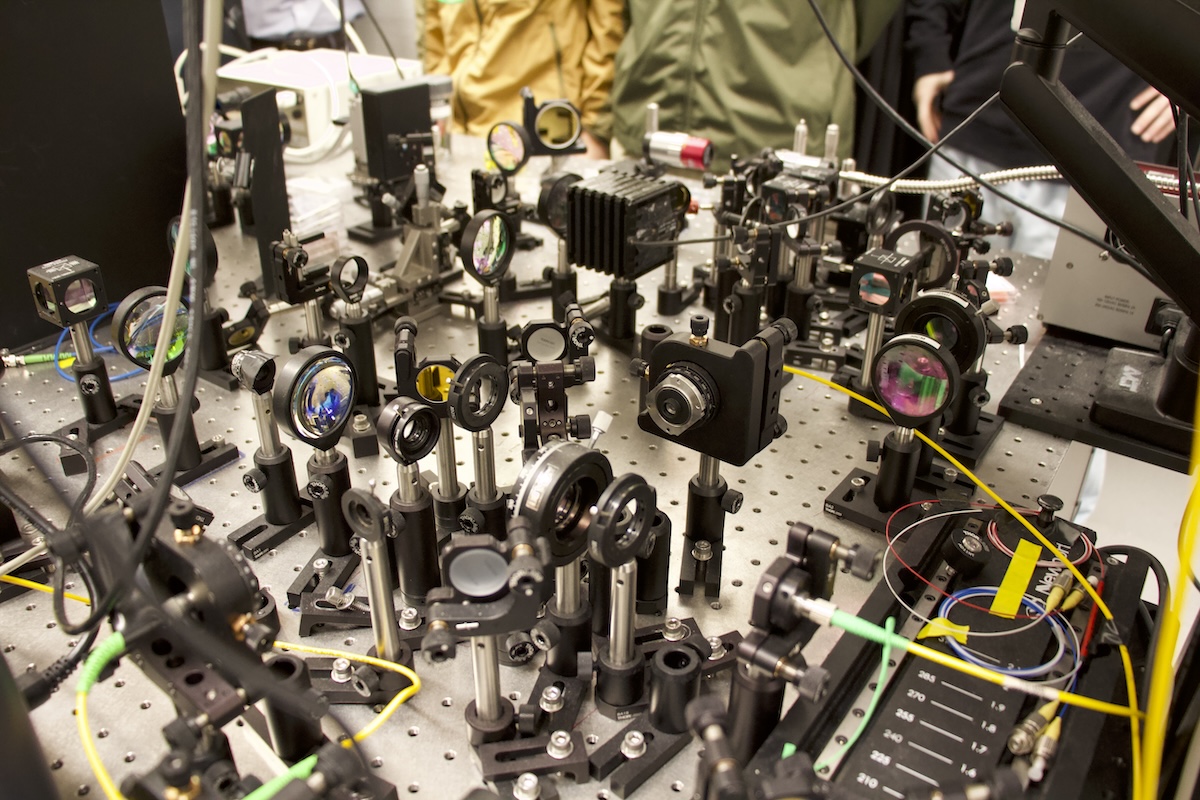 A complex array of cameras and lenses. 