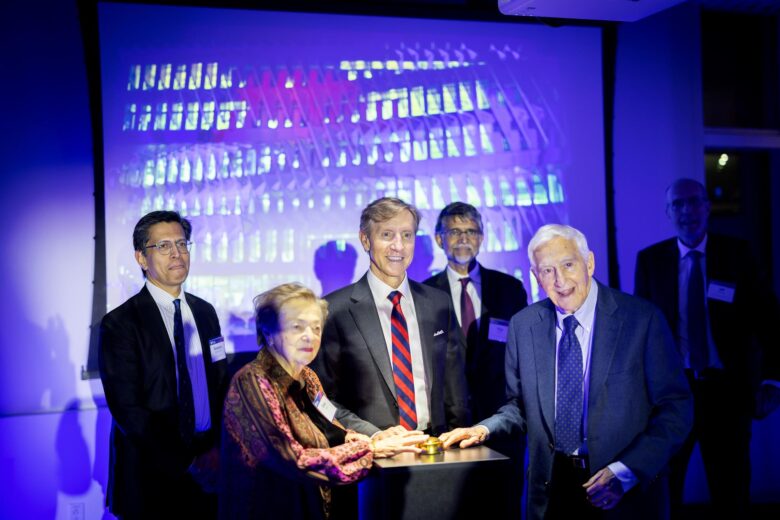 Penn Interim President J. Larry Jameson (center) joined Board of Trustees chair Ramanan Raghavendran (left), Nemirovsky Family Dean of Penn Engineering Vijay Kumar (back center) and Deputy Dean of the School of Arts & Sciences Jeffrey Kallberg (back right) in honoring P. Roy and Diana T. Vagelos for their transformative support.