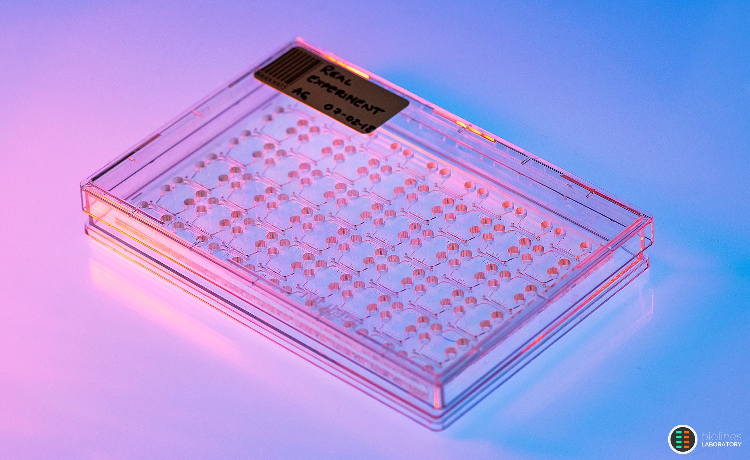 A rectangular plastic chip is bathed in blue and red light.