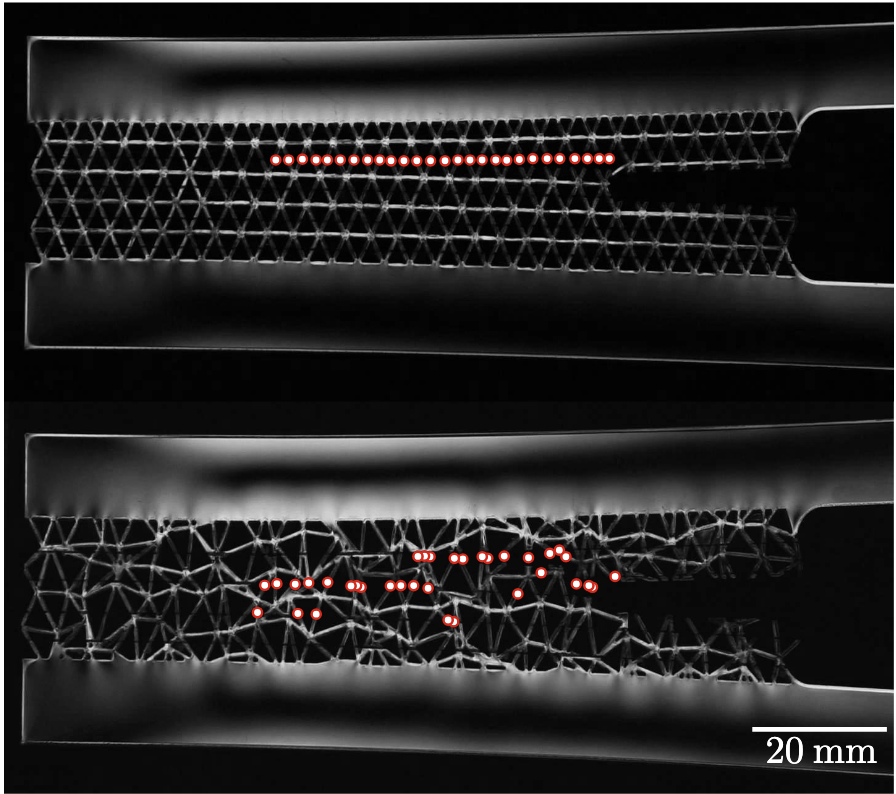 In contrast to the more structured design (top), the more disordered one (bottom) cracked less easily, as evidenced by the dispersion of the red dots. (Credit: Sage Fulco)