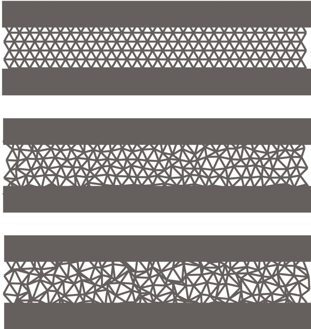 Three representative designs with different levels of disorder. The middle design balances order and disorder for maximum toughness. (Credit: Sage Fulco)