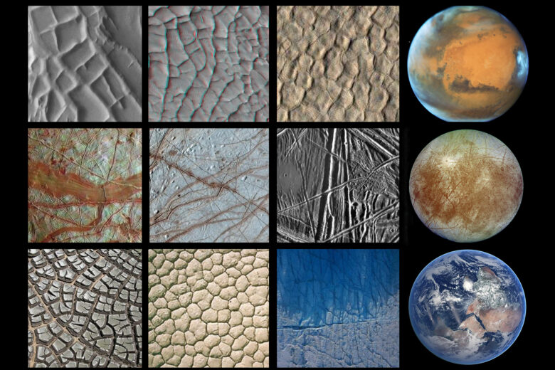 (Top to bottom) Picture of surface crack patterns on three different worlds: Mars, Europa, and Earth that reveal how fractures form under vastly different environmental conditions. Penn geophysicist Douglas Jerolmack and longtime collaborator Gábor Domokos used the mathematical framework they developed for understanding fracture patterns on Earth to survey two-dimensional fracture networks across the solar system. Their findings could offer insights into detecting potentially habitable environments on other planets.